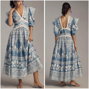 FARM Rio Sky Blue and Cream Patterned Maxi Dress
